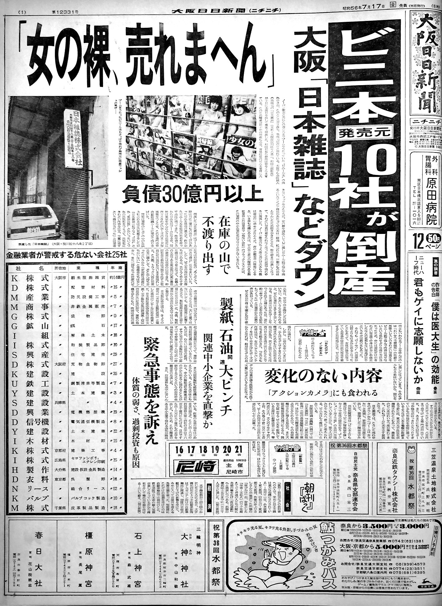 日日回顧録】〝ビニ本〟販売元が「倒産」【昭和５６年７月１７日 