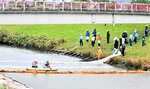 油流出の対処法を確認 摩尼川、水質事故対策訓練