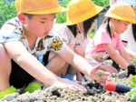 暑さに負けず育て 長井小児童が苗植え