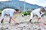 星空舞田植え、知事も一緒に 八頭「星形田んぼ」